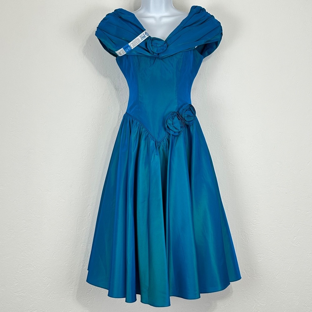 VTG Zum Zum ILGWU Hoco Midi Dress Size 3/4 Blue Iridescent Taffeta Ruched Basque